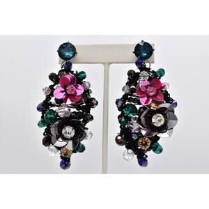 Vintage Sequin Flower Drop Dangle Earrings Rhinestone Chunky Statement Y2K BinAY